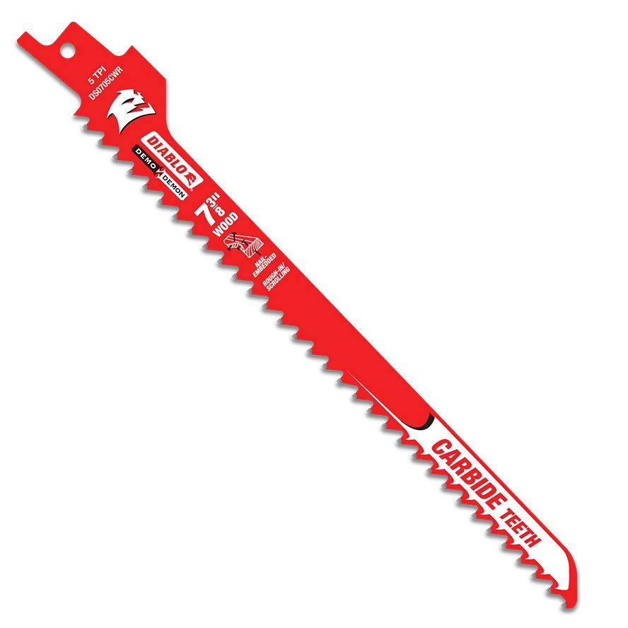 Red Diablo saw blade with carbide teeth designed for rough-in and scrolling cuts in wood for home improvement tasks