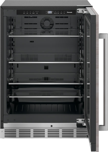 Under counter refrigerator with glass door, stainless steel handle, adjustable shelves, and digital temperature display from appliances collection