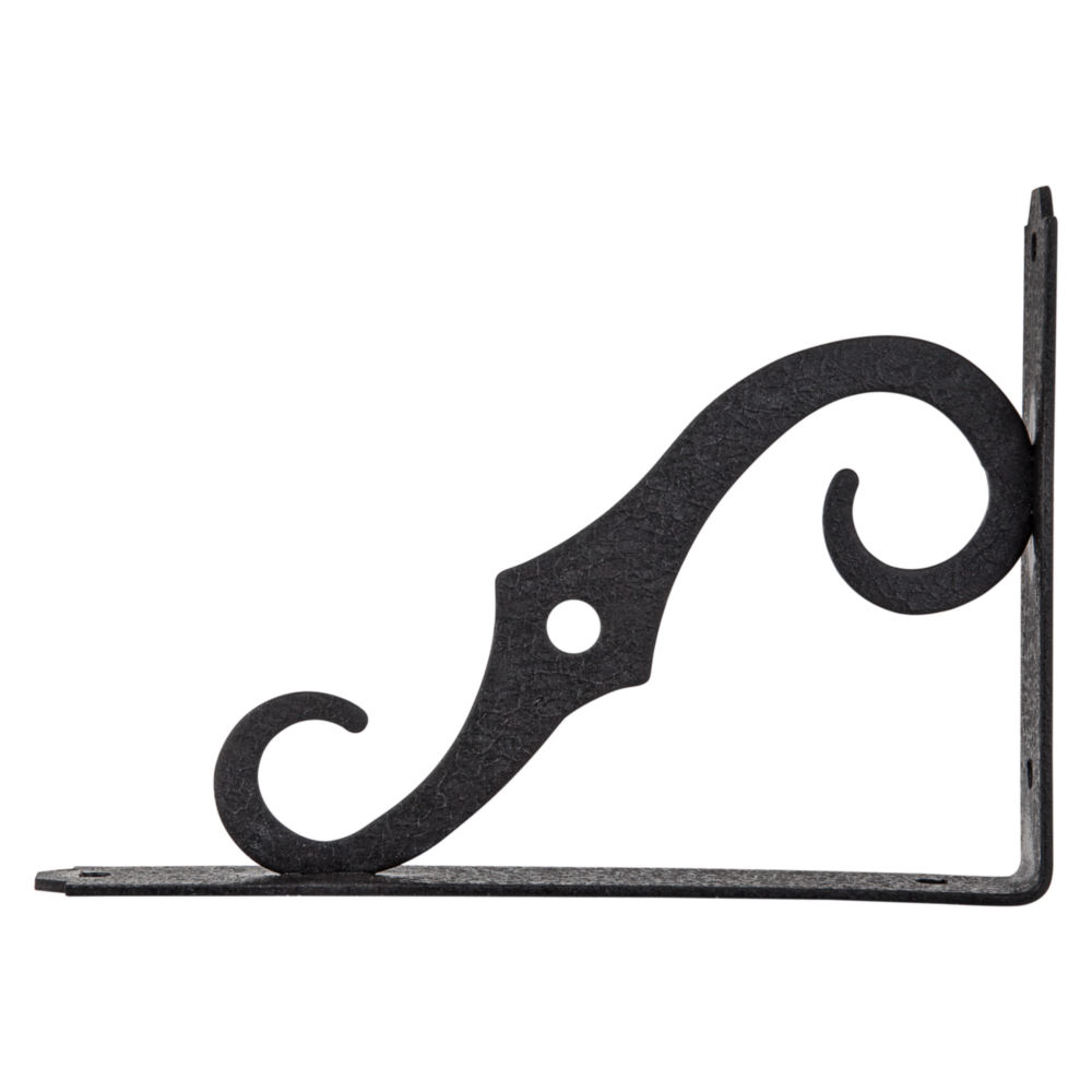 Black ornamental steel shelf bracket with curved design for shelving and storage in home improvement projects