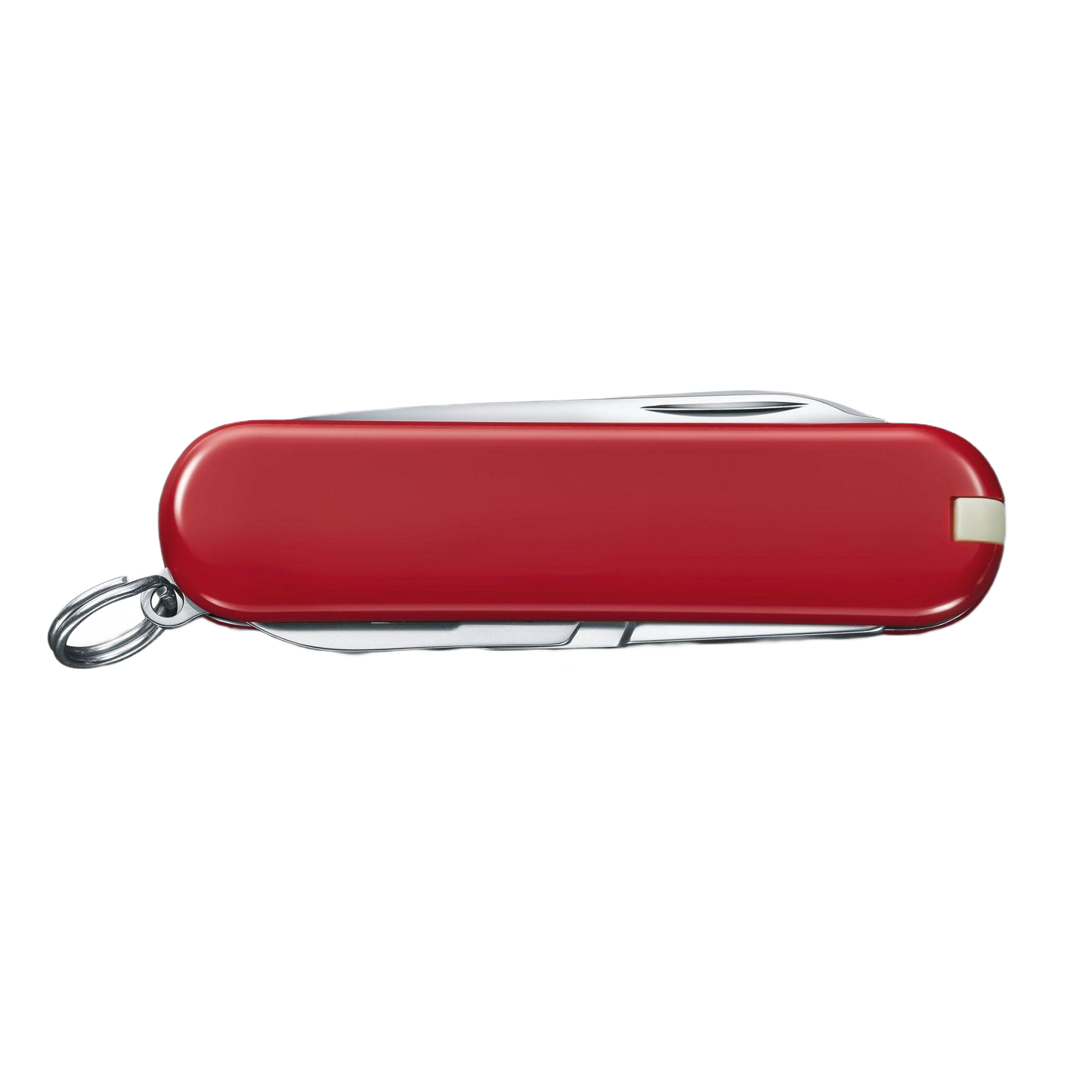 Red compact multi-tool pocket knife with key ring and stainless steel tools for cutting and woodworking tasks