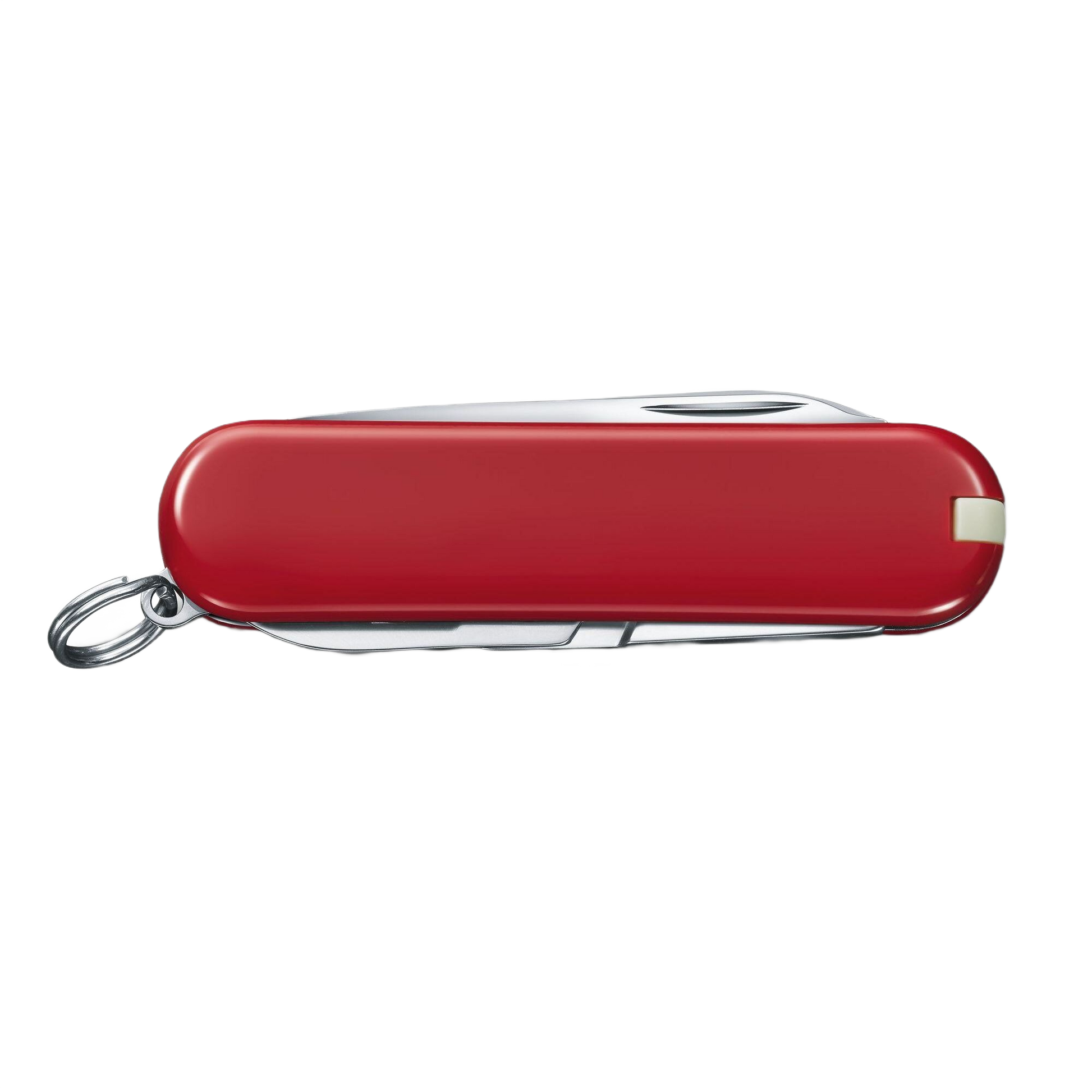 Red compact multi-tool pocket knife with key ring and stainless steel tools for cutting and woodworking tasks