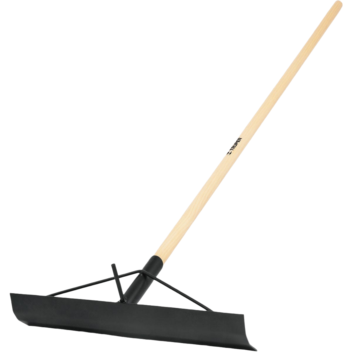Concrete spreader with wooden handle and hooked black metal blade for efficient tools and home improvement tasks