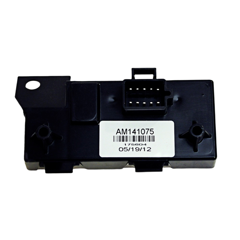 Black electronic control unit module with white label and connector pins for John Deere machinery use