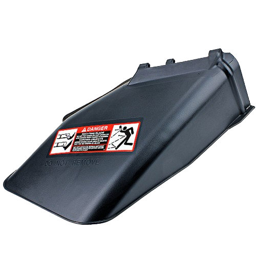 Black mower deck guard with safety warning label for lawn equipment protection and maintenance tasks