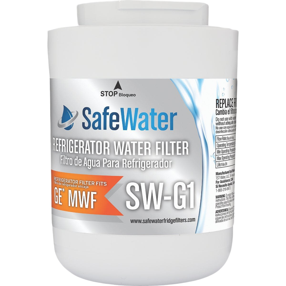 White cylindrical replacement water filter cartridge compatible with GE refrigerator models and SafeWater branding