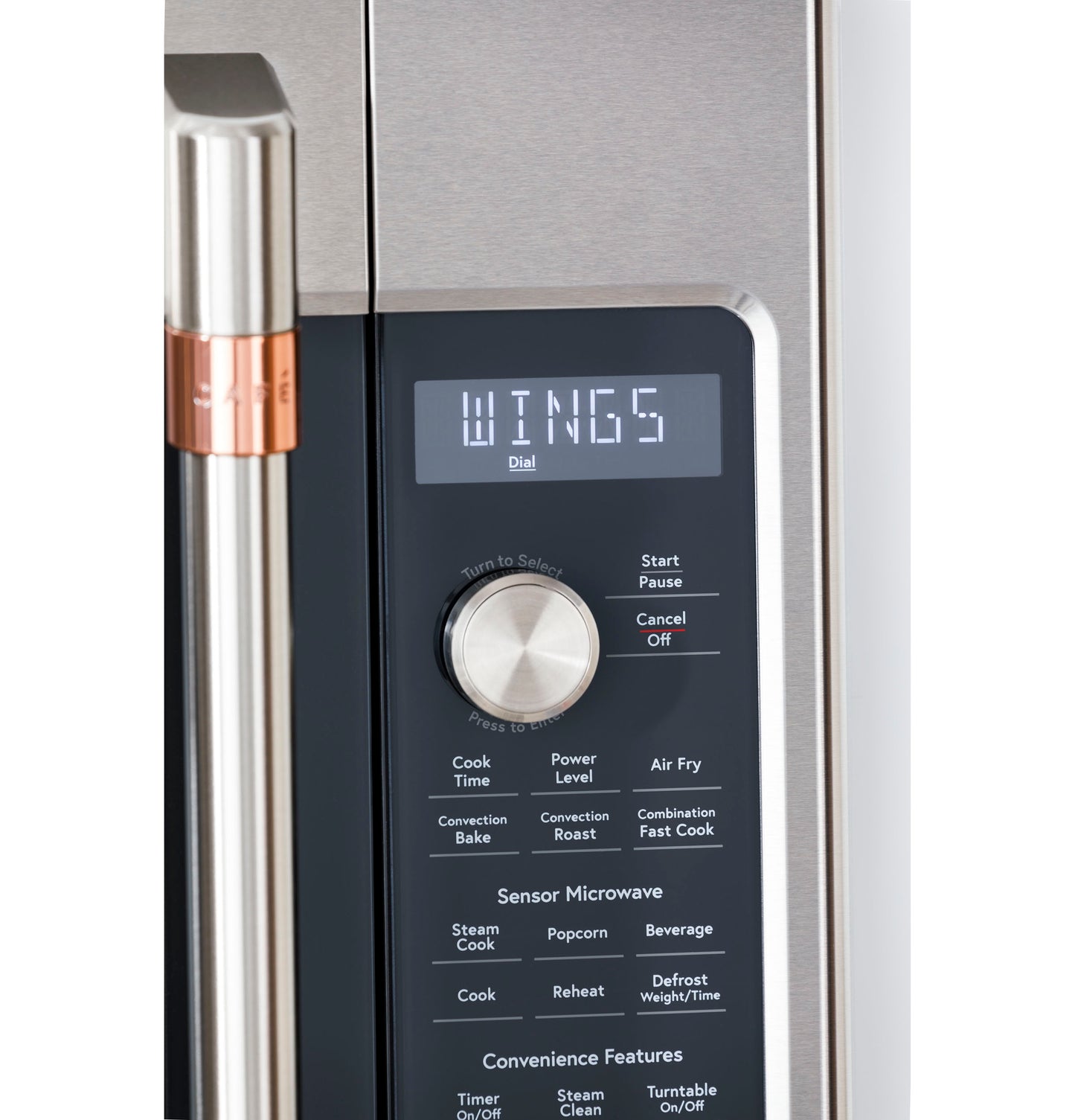 Close-up of stainless steel convection microwave control panel showing digital display and multifunction dial knob in kitchen appliances collection