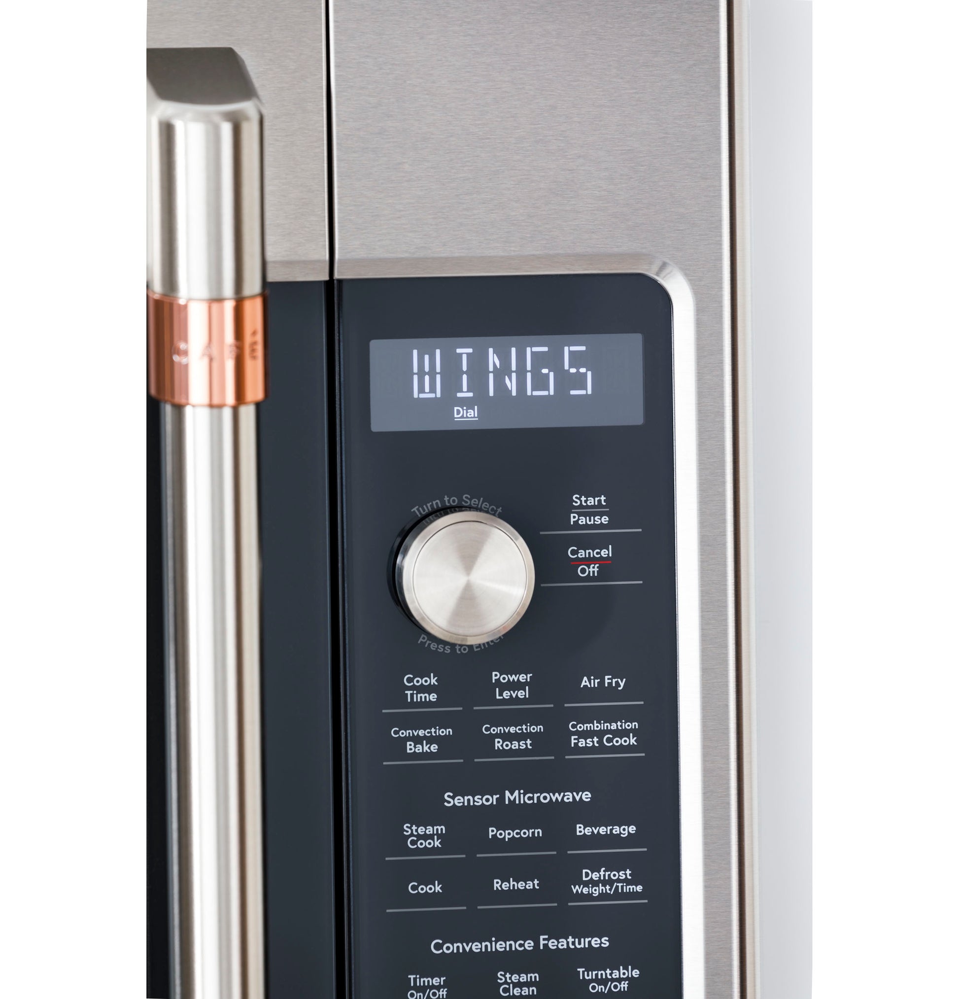 Close-up of stainless steel convection microwave control panel showing digital display and multifunction dial knob in kitchen appliances collection