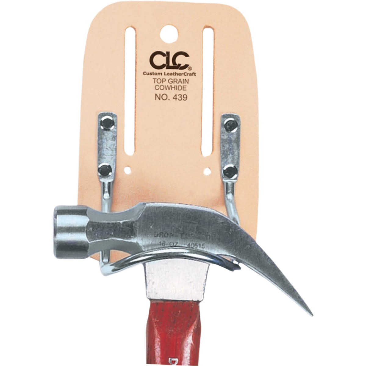 Top grain leather hammer holder with steel loop for secure hammer storage, ideal for workshop organization and tool storage.