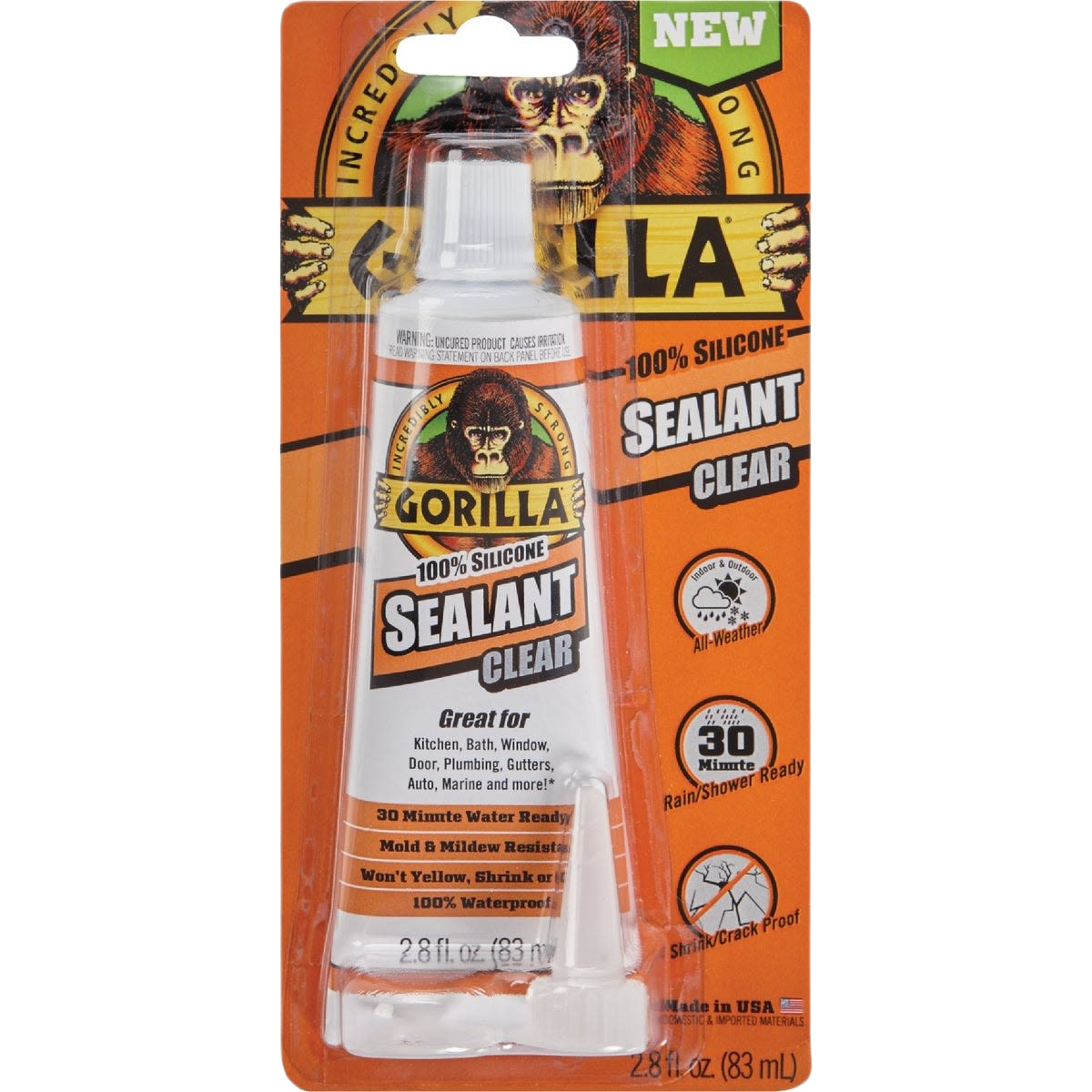 Clear silicone sealant tube in orange packaging designed for durable, waterproof home improvement applications