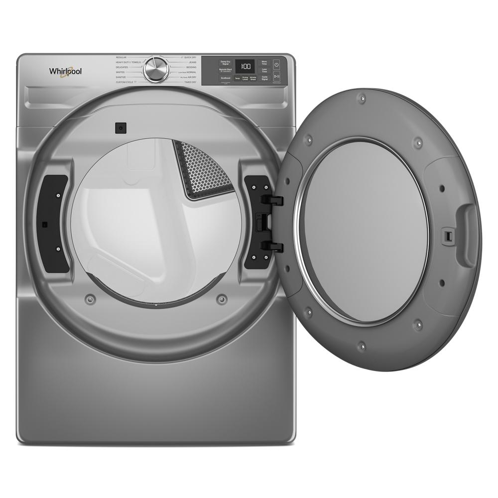 Front load smart electric dryer with open door showing drum and control panel in silver finish from dryers collection