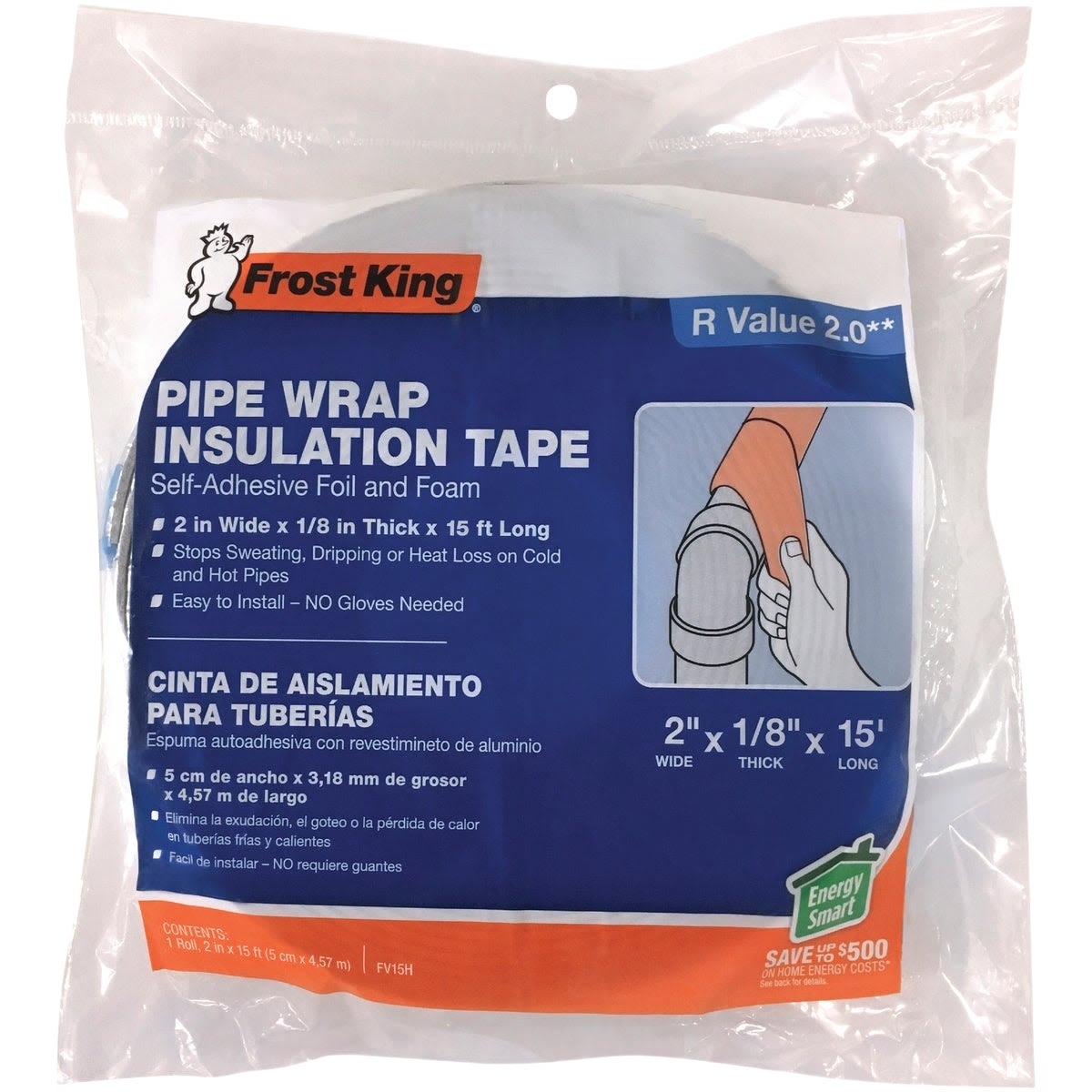 Self-adhesive pipe wrap insulation tape with foil and foam to reduce heat loss and sweating on pipes in plumbing projects