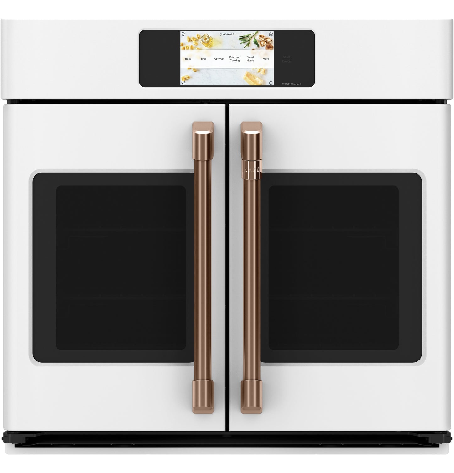 White built-in convection wall oven with dual French doors, bronze handles, and touchscreen control panel in kitchen setting