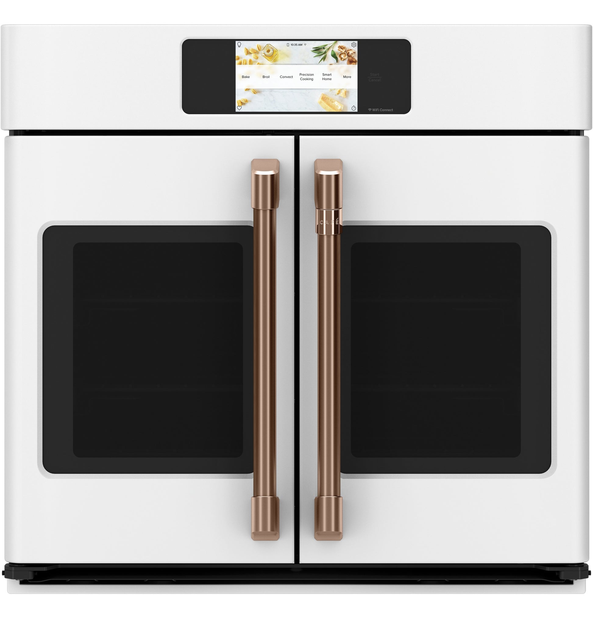 White built-in convection wall oven with dual French doors, bronze handles, and touchscreen control panel in kitchen setting