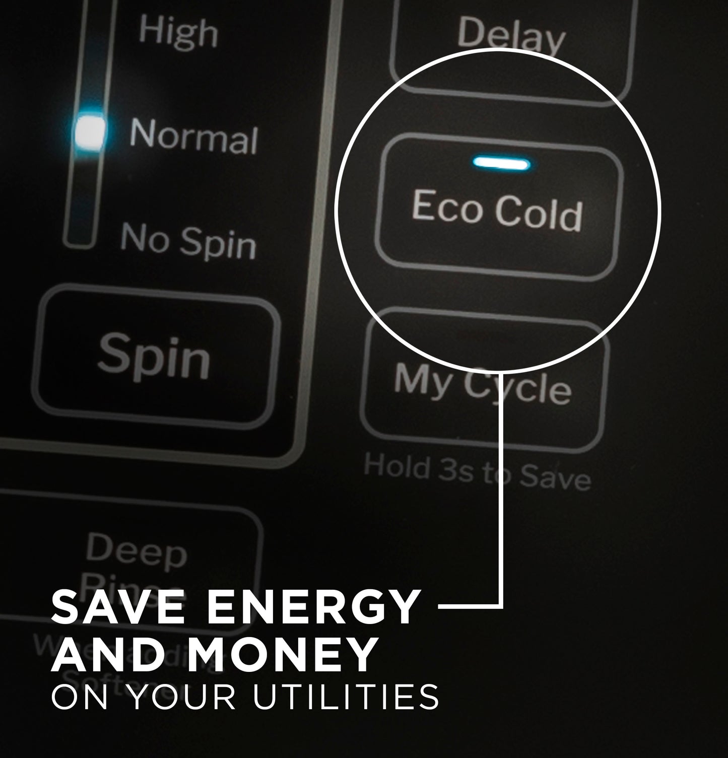 Close-up of washer control panel highlighting the Eco Cold option with Spin and cycle settings in washers & dryers collection