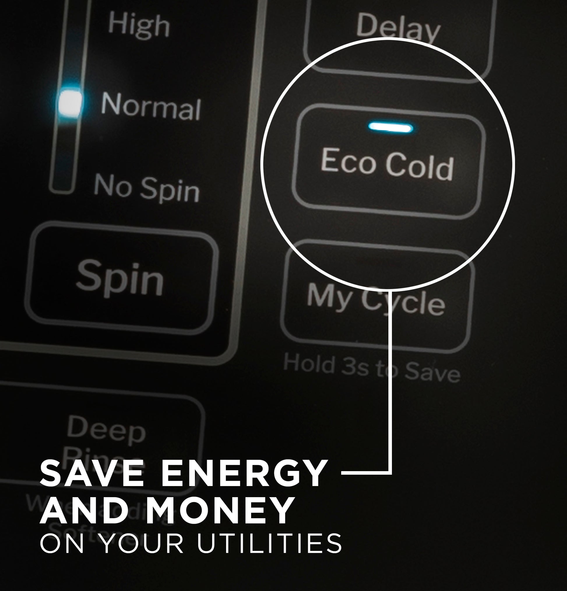Close-up of washer control panel highlighting the Eco Cold option with Spin and cycle settings in washers & dryers collection