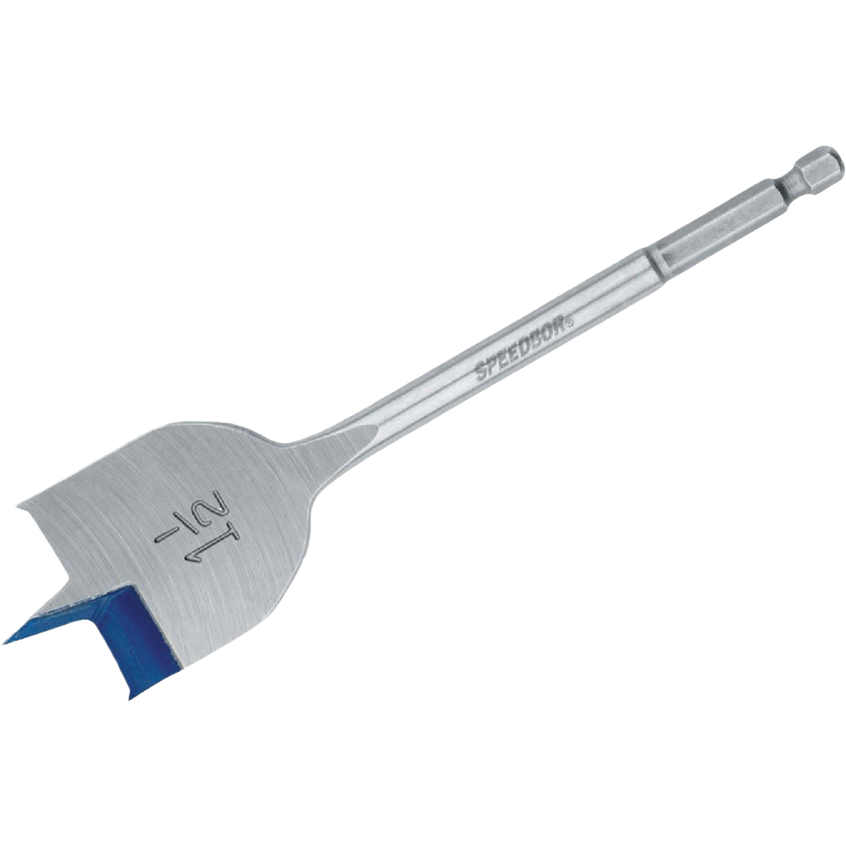 Silver spade bit with blue tip and 1-1/2 inch marking for drill bits and tool accessories collections