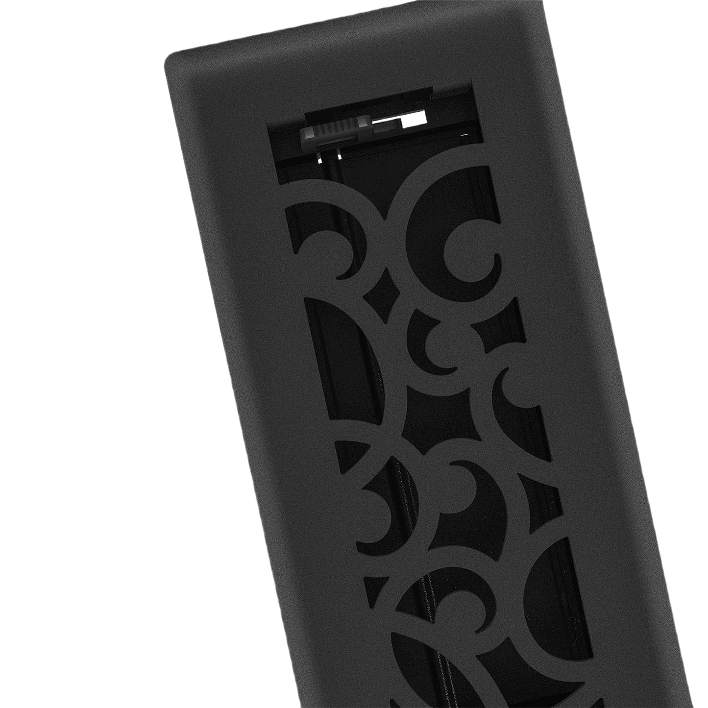 Black iron floor register with ornamental scrollwork design for ventilation in home improvement and plumbing projects