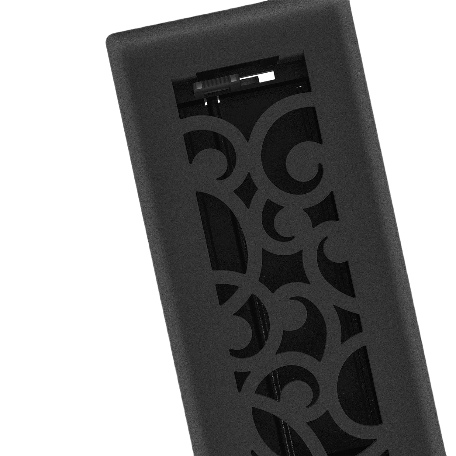 Black iron floor register with ornamental scrollwork design for ventilation in home improvement and plumbing projects