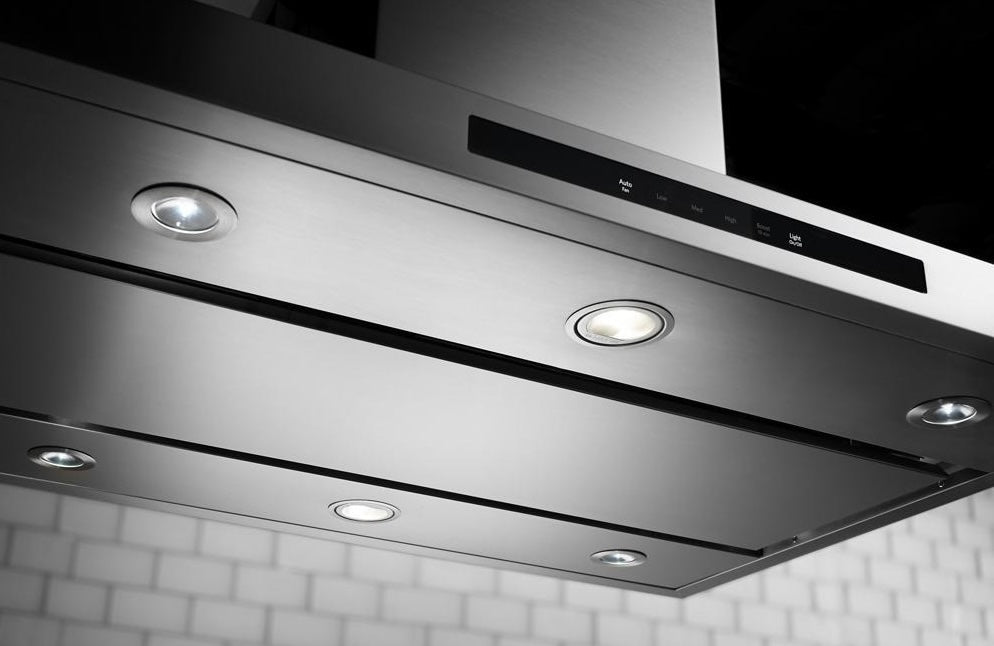 Modern stainless steel island-mount canopy hood with integrated LED lights, featured in Island Range Hoods, Kitchen & Kitchenware, and Appliances collections.