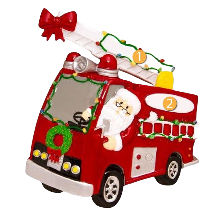 Santa Claus driving a festive red fire truck ornament decorated with lights and a holiday wreath for Christmas decor
