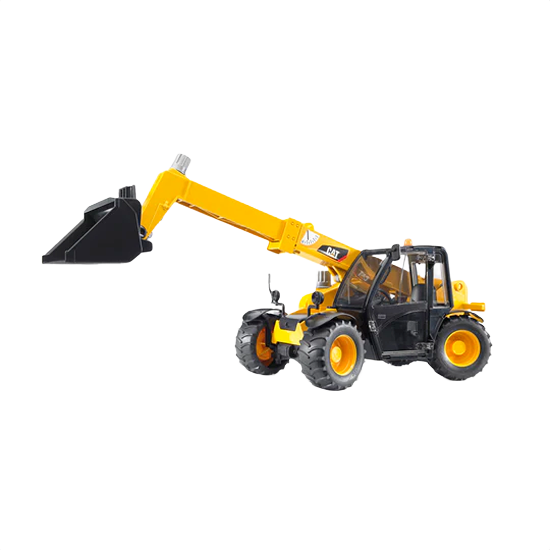 Yellow and black telescopic loader toy with detailed cabin and large rugged tires for construction play