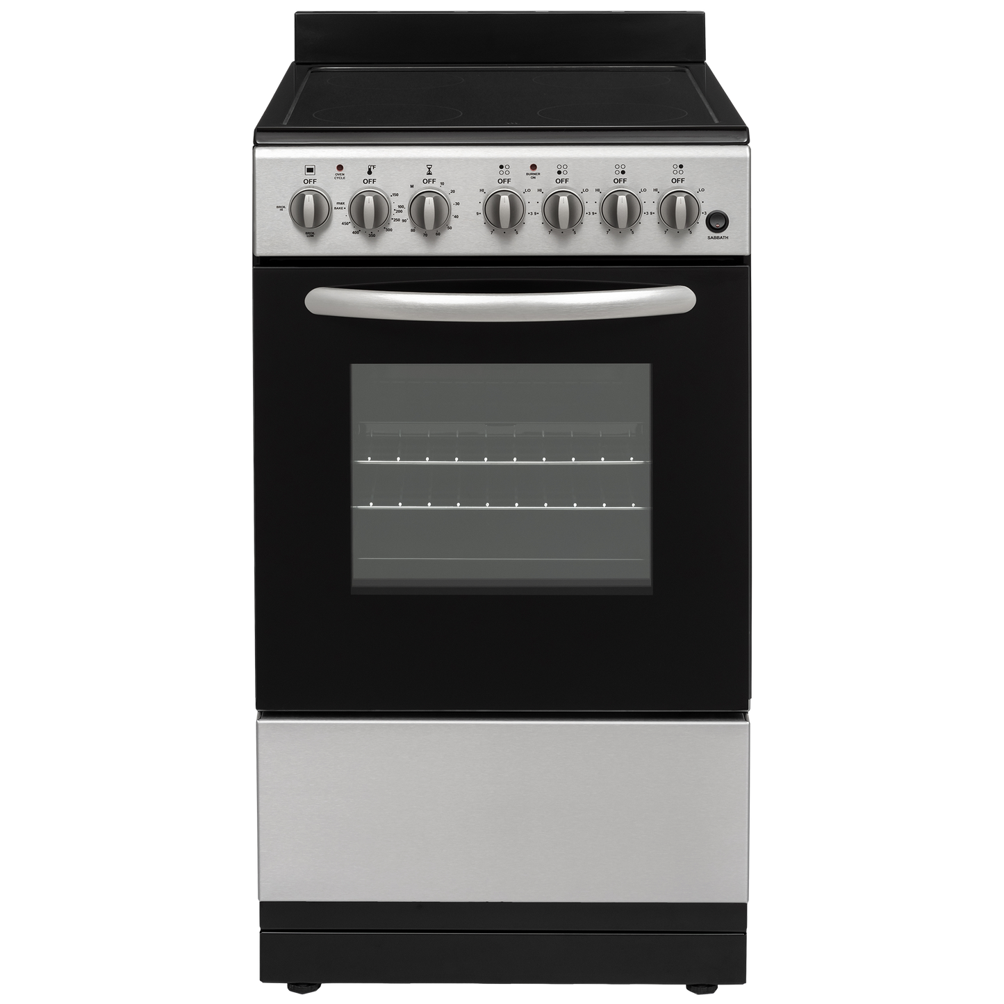 Compact electric range with stainless steel accents, glass oven door, and six control knobs for cooking and baking tasks