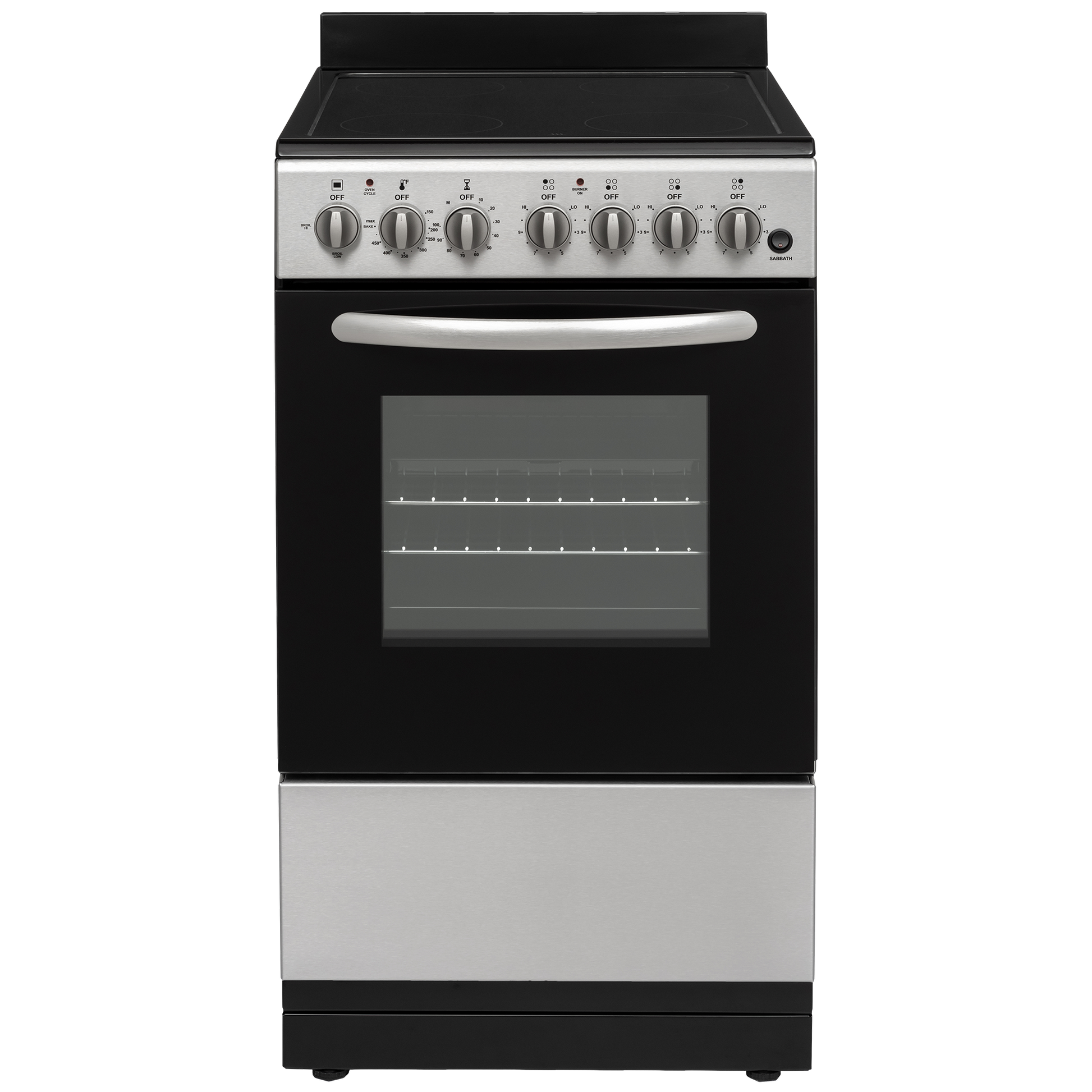 Compact electric range with stainless steel accents, glass oven door, and six control knobs for cooking and baking tasks