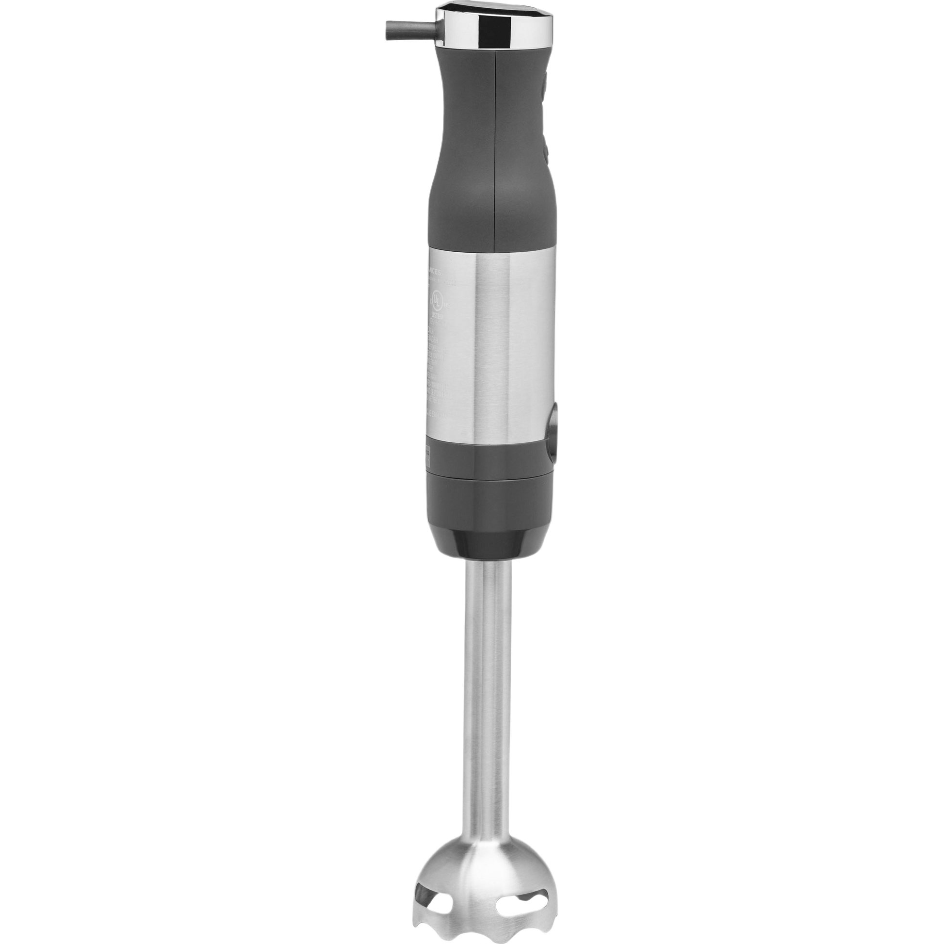 Sleek stainless steel immersion blender with black ergonomic handle for efficient kitchen food blending tasks