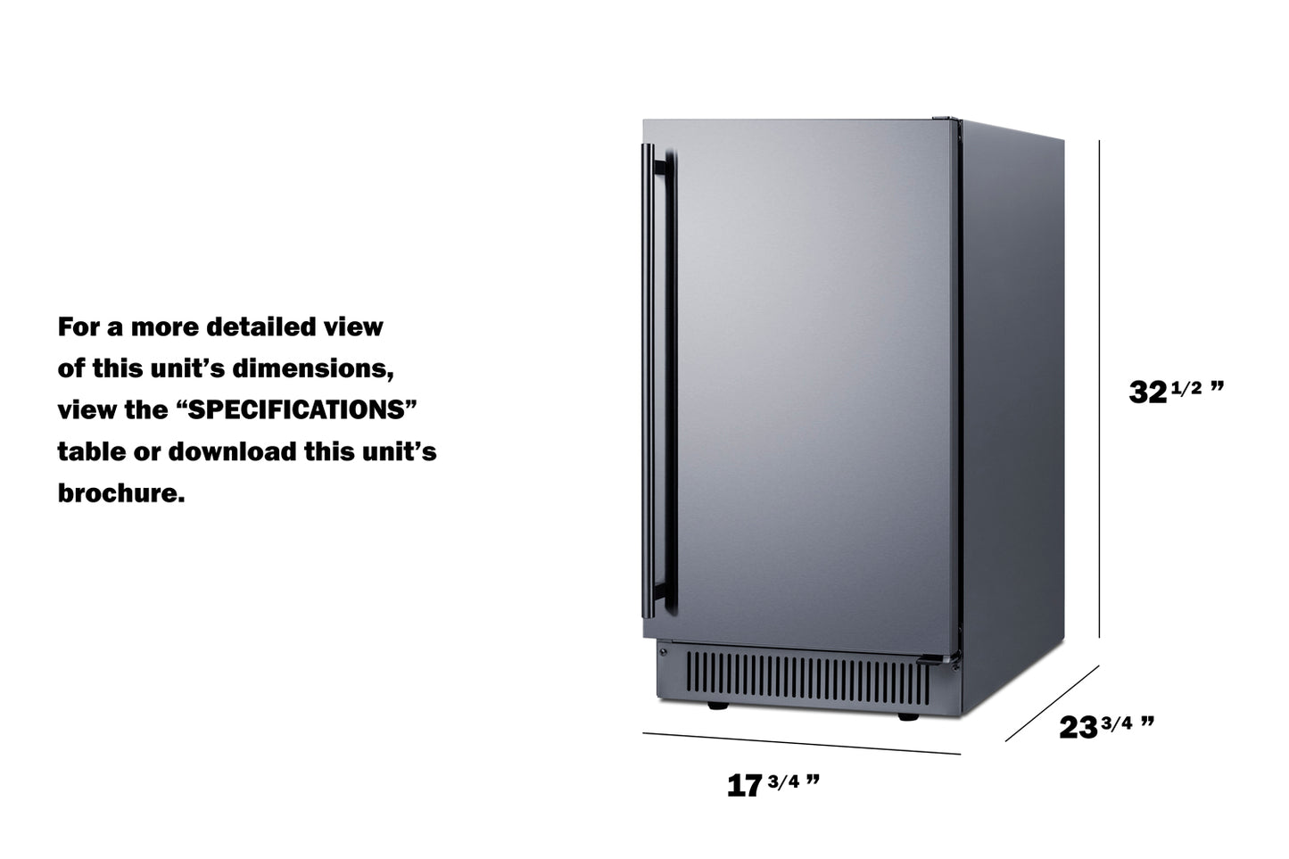 Compact undercounter icemaker with front ventilation grille, stainless steel handle, and ADA-compliant design for kitchens