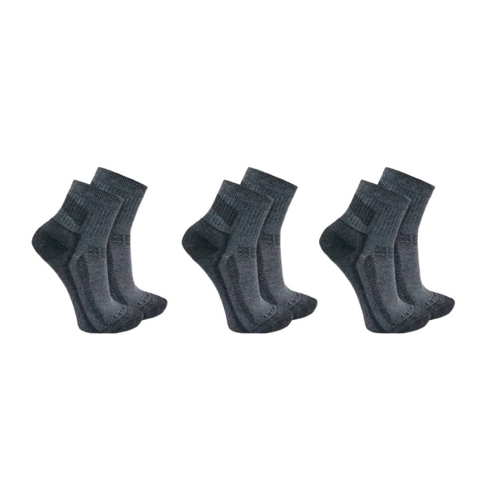 Three pairs of charcoal midweight quarter socks designed for comfort and durability in work and casual wear