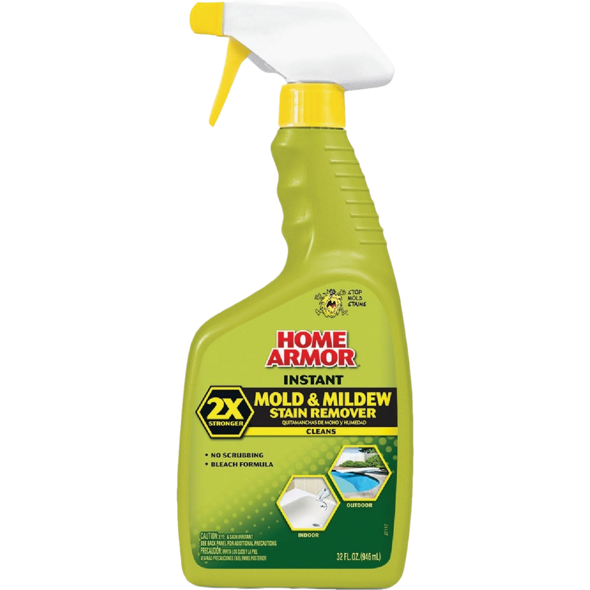Green spray bottle of mold and mildew stain remover with white and yellow trigger for home improvement use