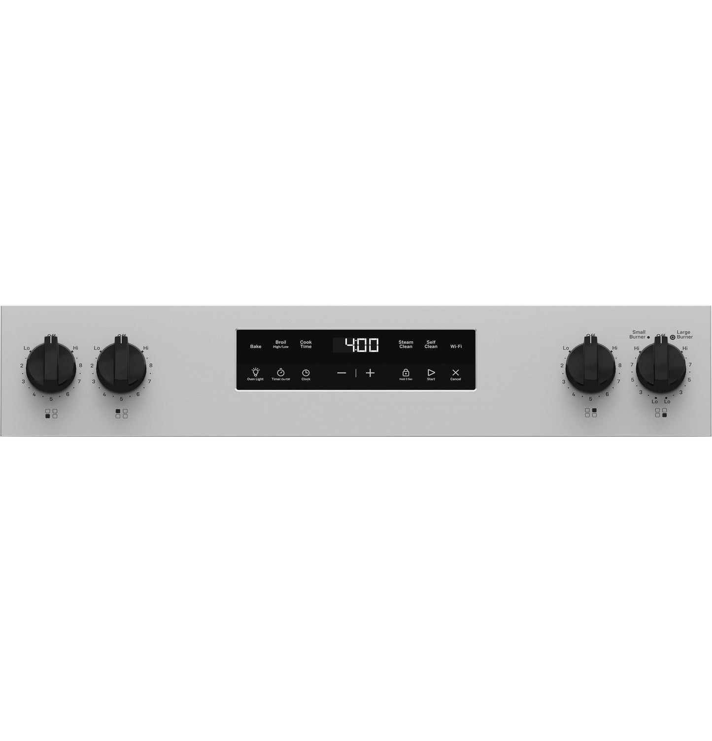 Stainless steel electric range control panel with digital timer and four black rotary knobs for cooking settings