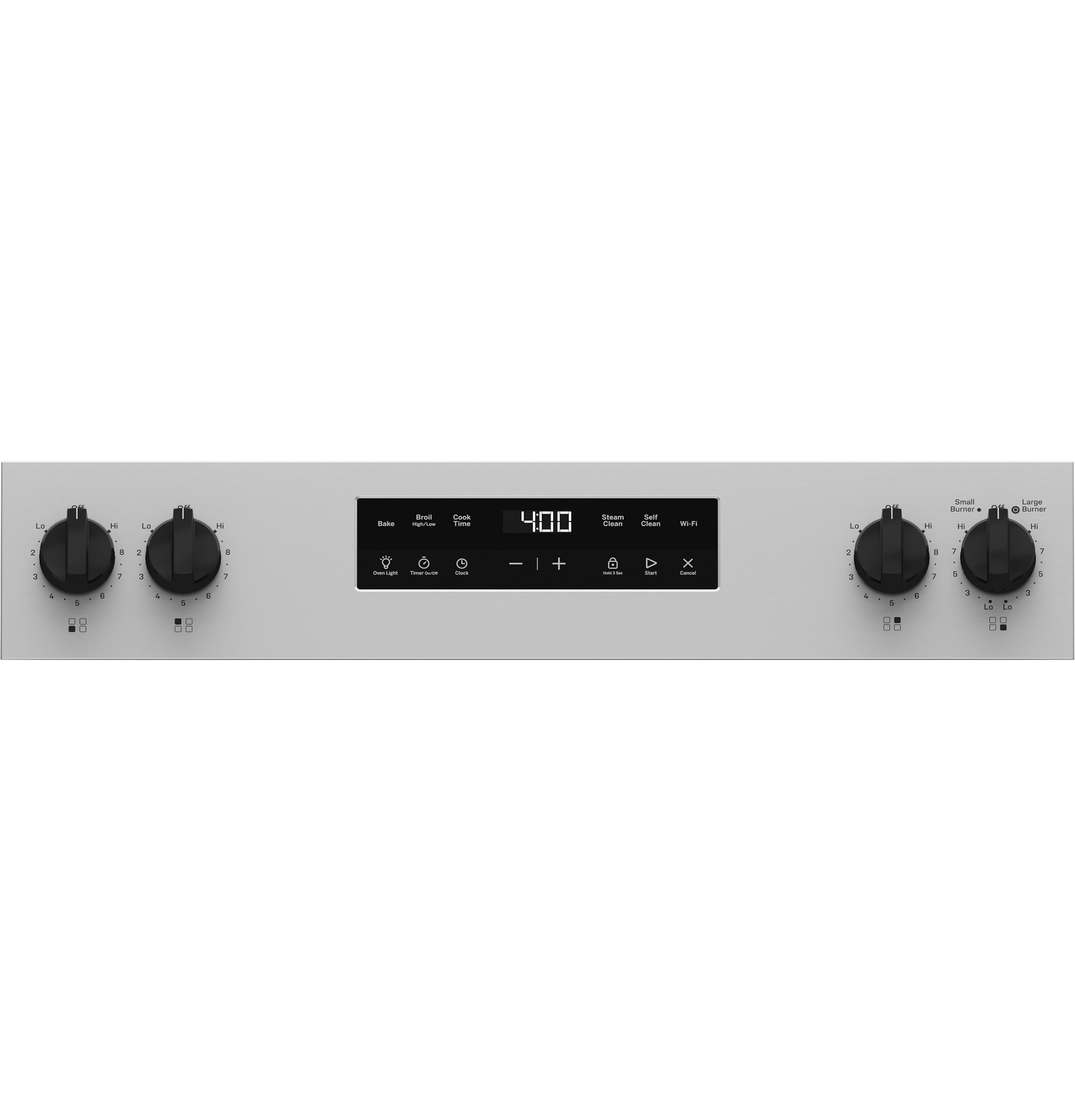 Stainless steel electric range control panel with digital timer and four black rotary knobs for cooking settings
