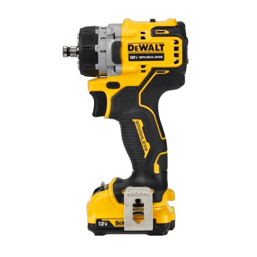 Compact yellow and black 12V brushless cordless drill driver with ergonomic grip for tools and home improvement tasks