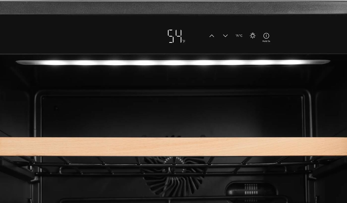 Digital temperature control panel with LED display above wood-trim wire shelving inside a beverage cooler for kitchen and appliance use.
