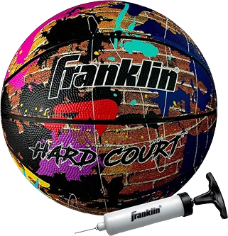 Multicolor rubber basketball with graffiti design and included hand pump for outdoor games and toys collection use