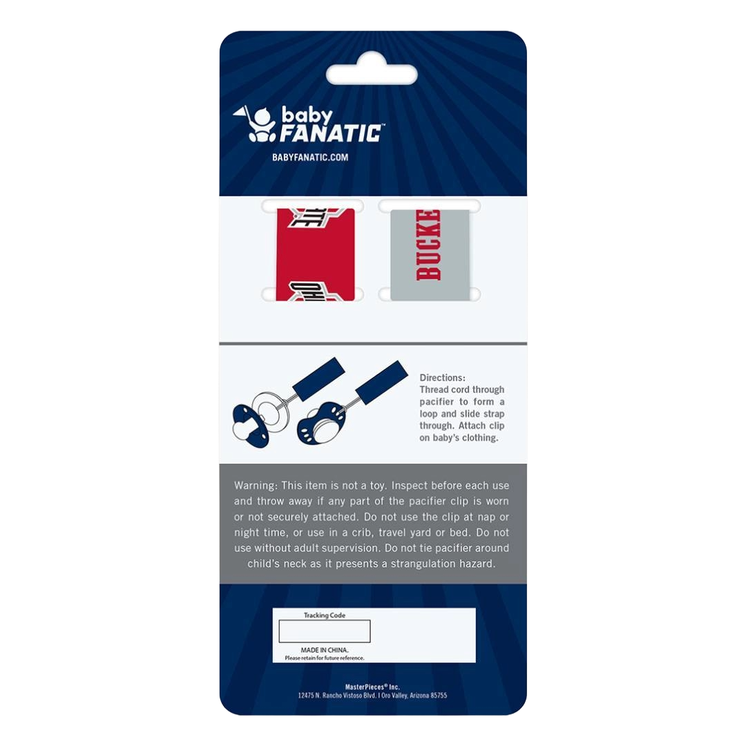 Two-pack baby pacifier clips featuring Ohio State colors and logos, from baby and toddler toys under $25 collection