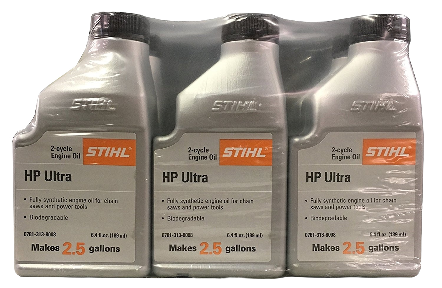 Six-pack of synthetic 2-cycle engine oil bottles for STIHL chainsaws and power tools in parts and lubricants collection