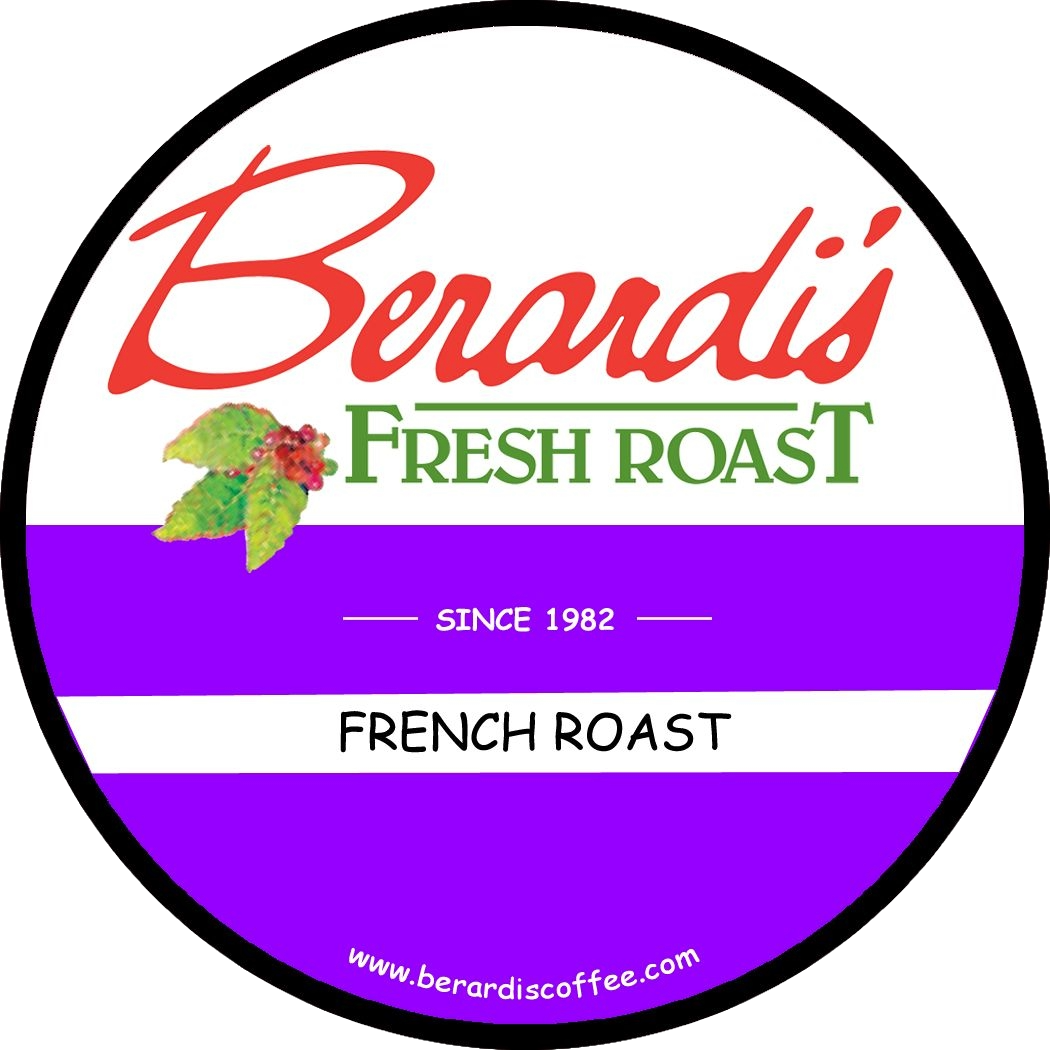 Circular coffee pod lid featuring Berardi's Fresh Roast logo with purple and white stripes and coffee plant illustration