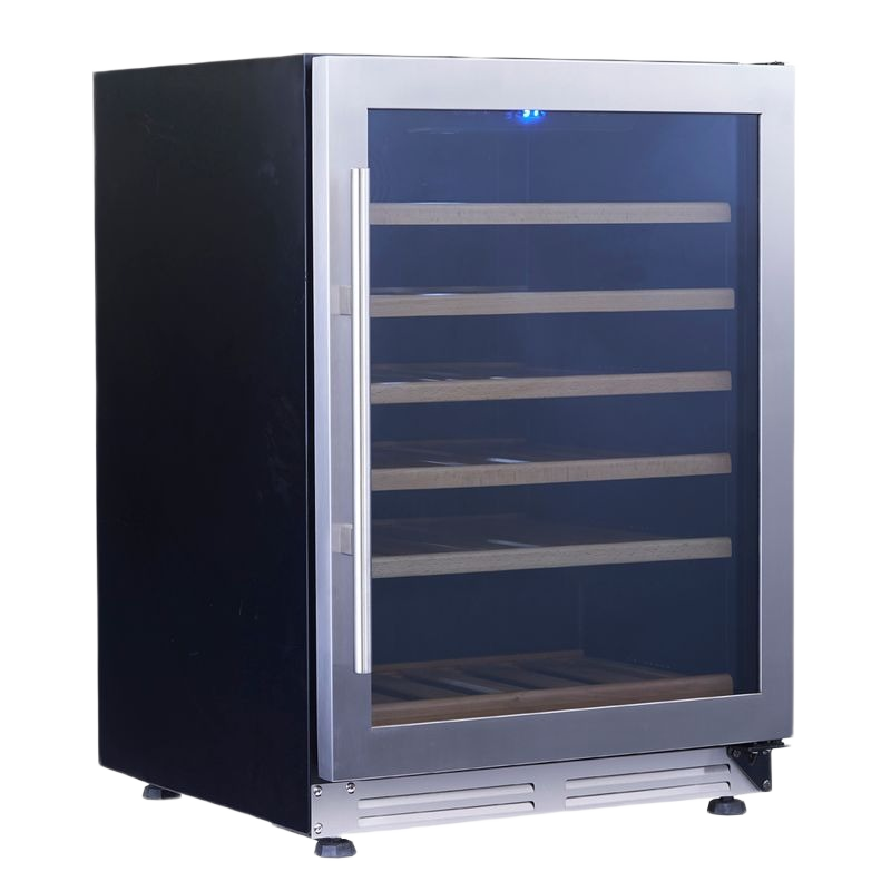 24-inch wine chiller with seamless stainless steel frame, wooden shelves, and glass door in kitchen appliances collection