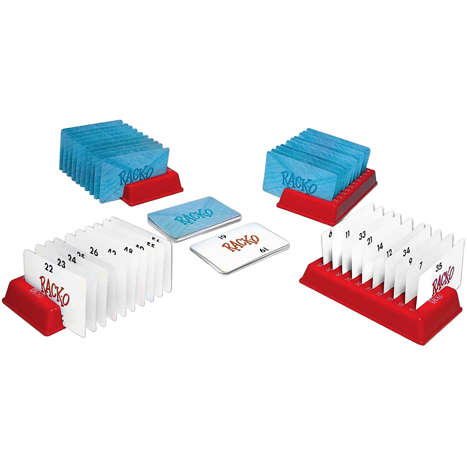 Rack-O game with red plastic card holders and numbered white and blue cards, part of Toys & Games under $50 collection