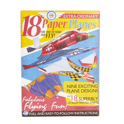 Colorful kit packaging featuring 18 printed sheets with nine plane designs for folding in Toys & Games collections under $50