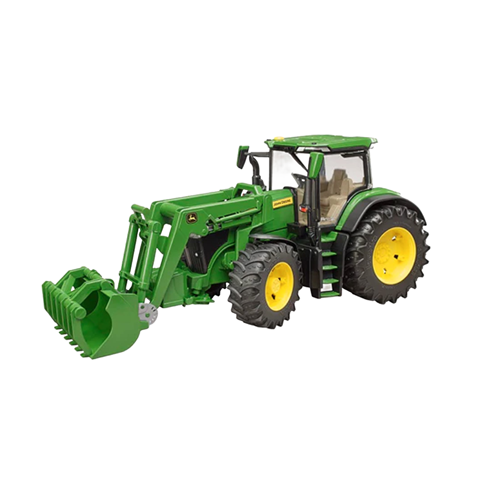 Green toy tractor with front loader attachment, detailed body, and yellow wheels from Bruder Toys collection