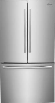 Stainless steel French door refrigerator with bottom freezer drawer, sleek handles, and modern kitchen appliance design