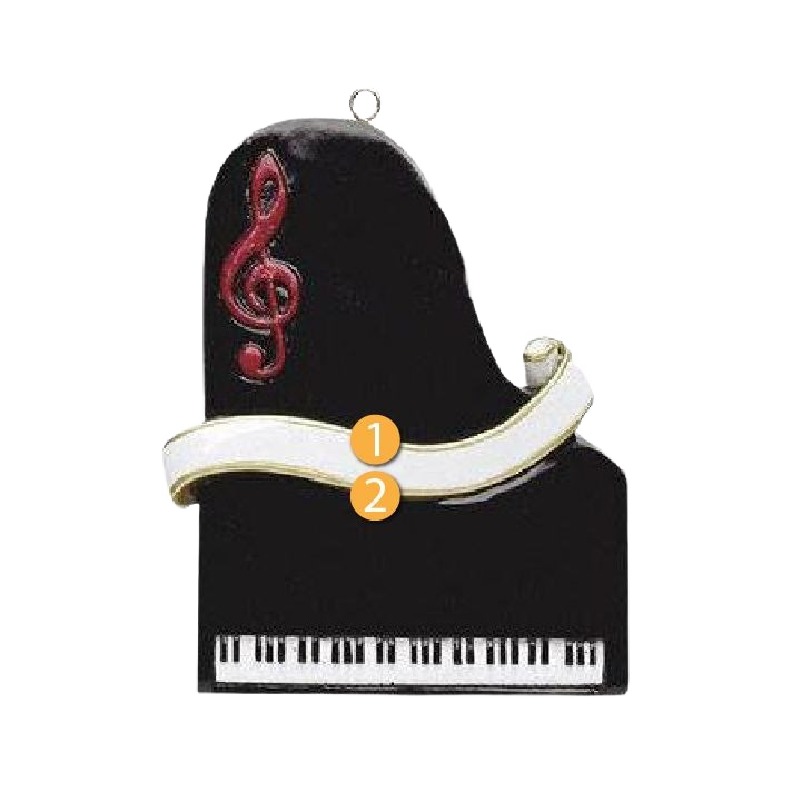 Black grand piano ornament with white keys, red treble clef, and white ribbon detail for Christmas tree decoration