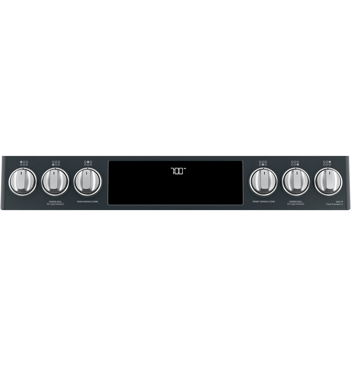 Control panel of black gas range with six stainless steel knobs and digital display in kitchen appliances collection