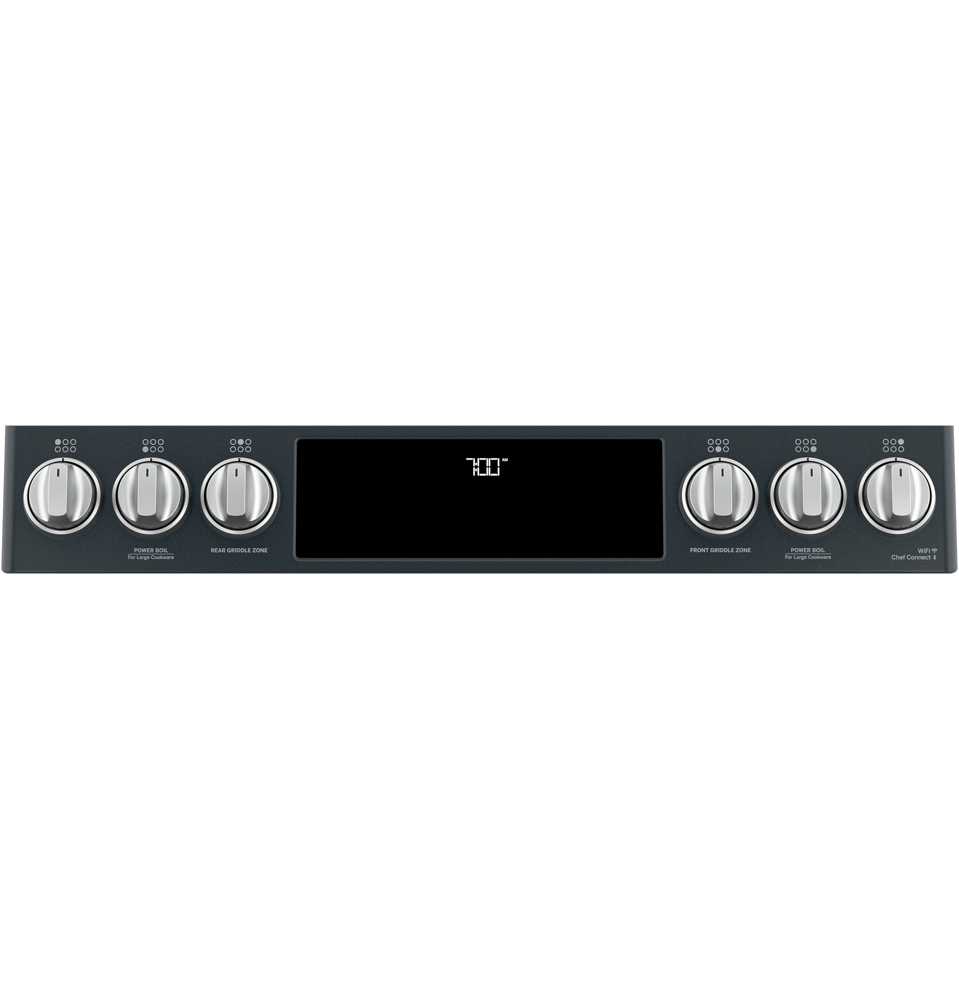 Control panel of black gas range with six stainless steel knobs and digital display in kitchen appliances collection