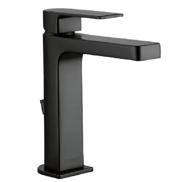 Black matte single-handle hi-arc bathroom faucet with geometric design for modern bathroom plumbing and home improvement.