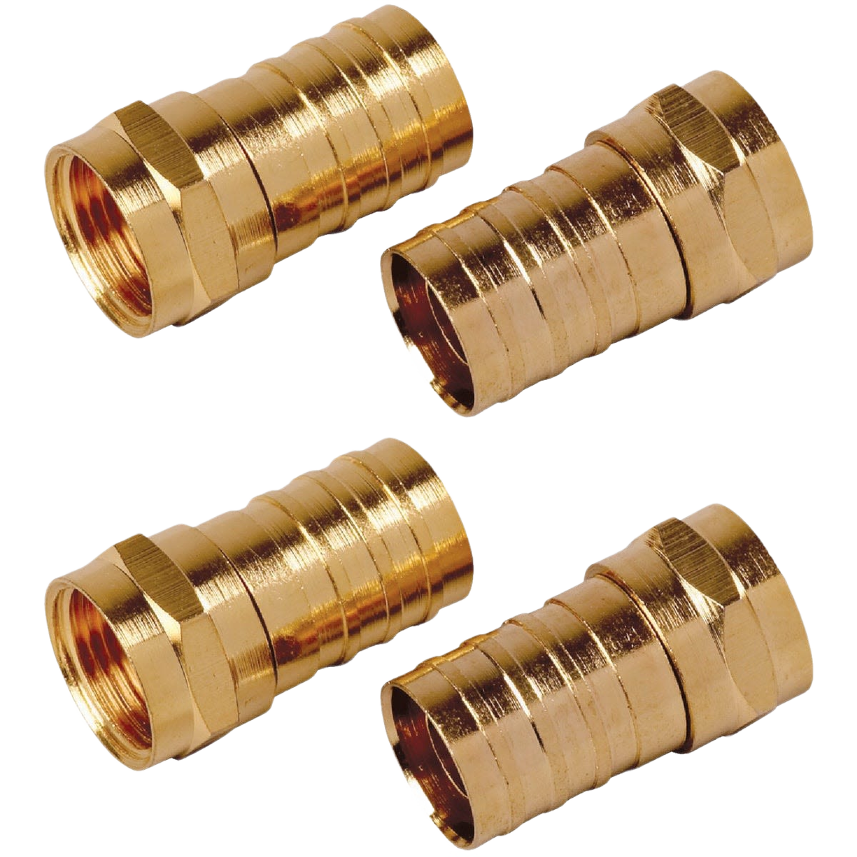 Set of four brass coaxial F-connectors with heavy-duty design for tools and home improvement projects