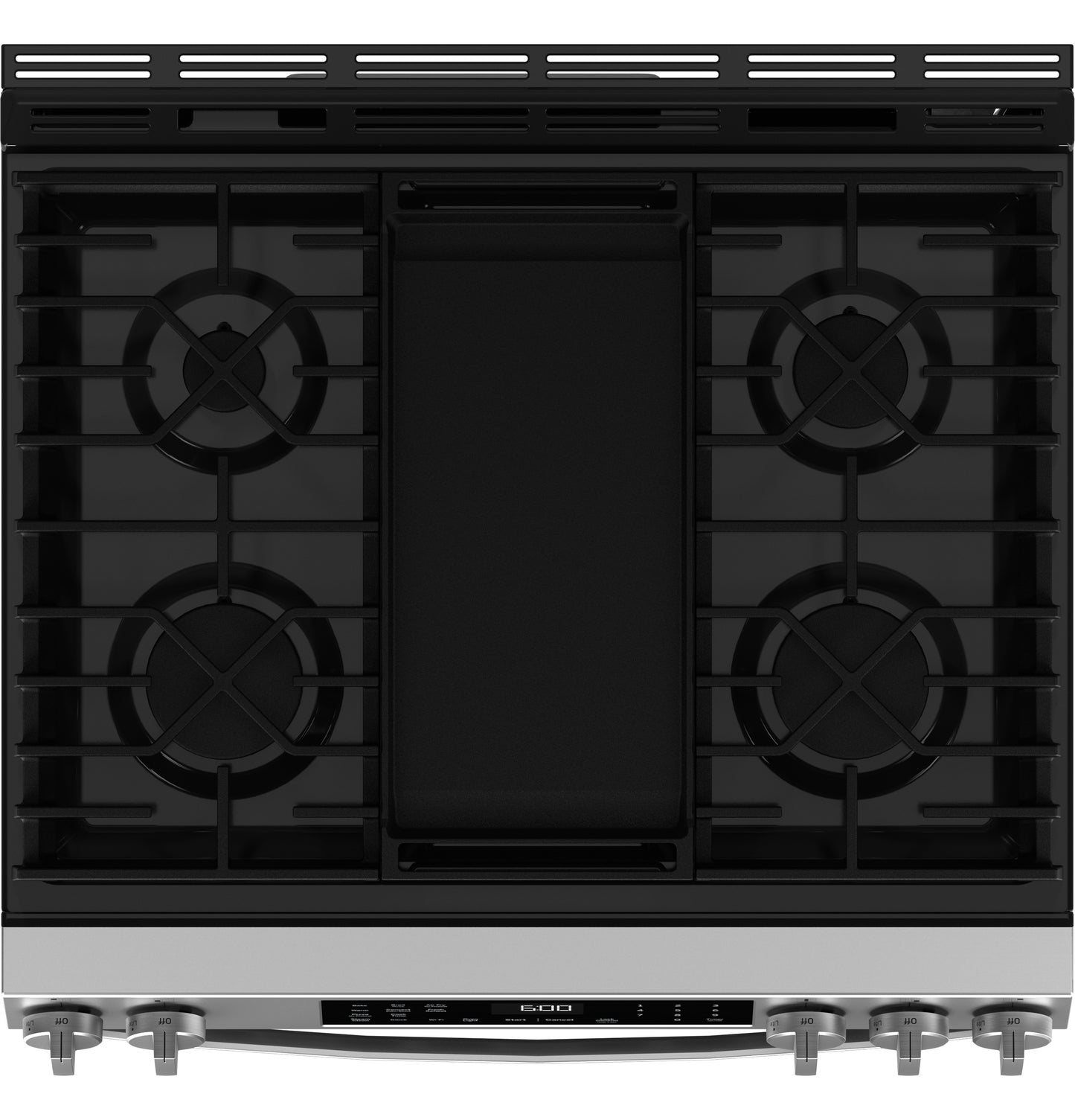 Top view of a stainless steel gas range with four burners, central griddle, and front control knobs in kitchen appliances collection